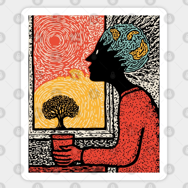 Wanderluster – World Mind Dreaming Linocut Magnet by TuncGK